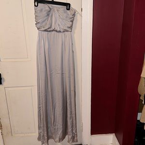 Silver strapless silk gown with stretchy back